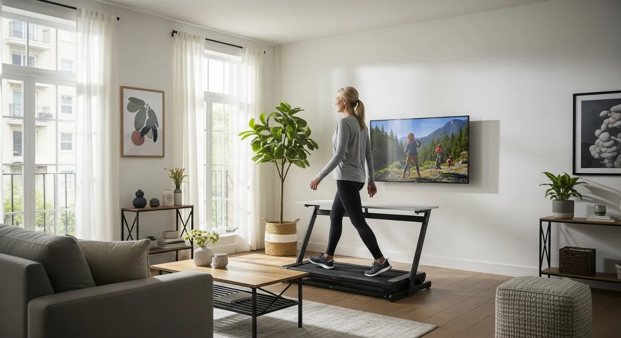 Active adult using a walking pad in a realistic living room